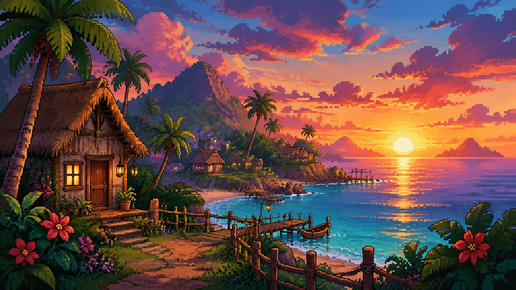 Original pixel art of a peaceful tropical island village