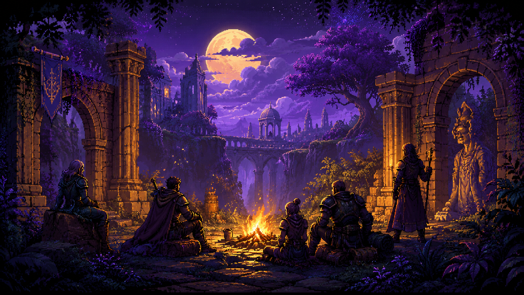 Original pixel art of fantasy adventurers gathered around a glowing campfire