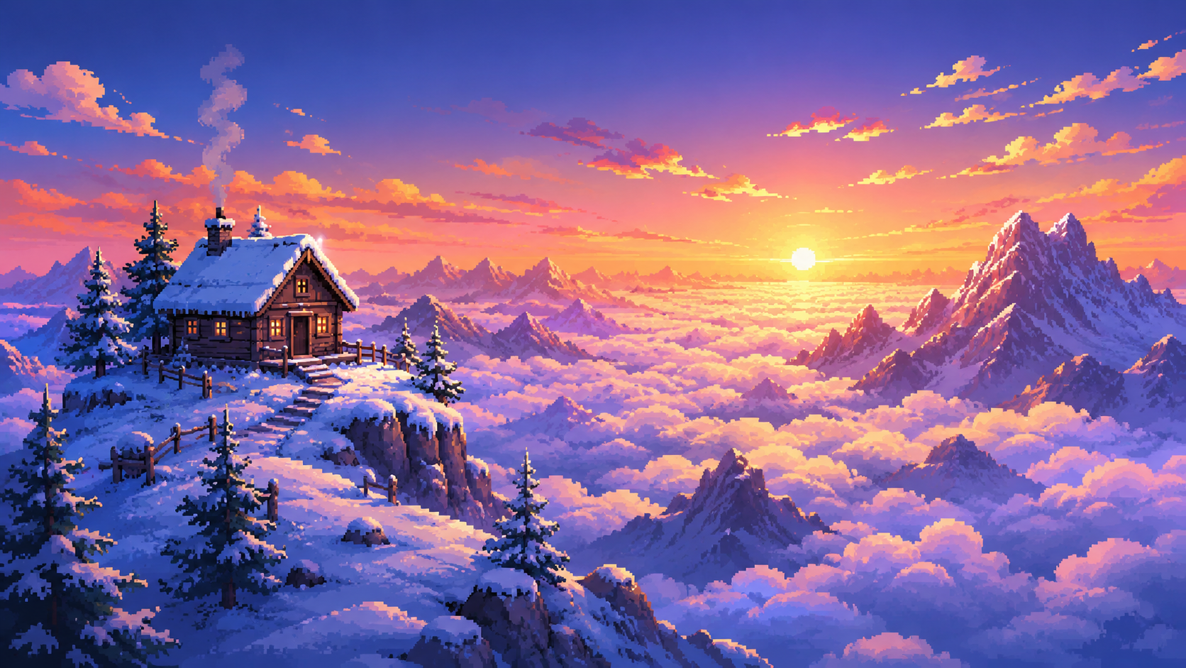 Original pixel art of a snowy mountain summit above clouds