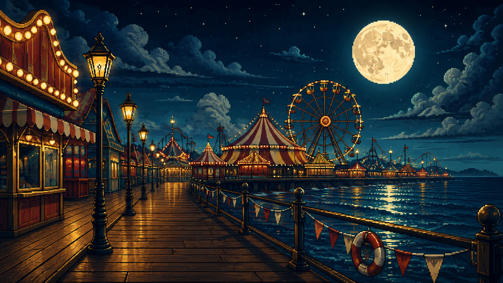 Original pixel art of a vintage moonlit carnival landscape