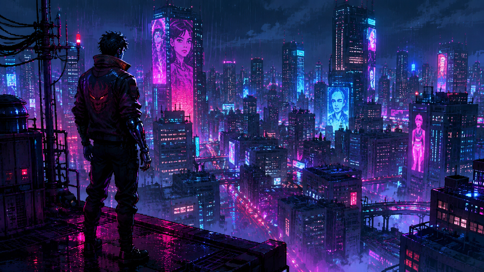 Original pixel art of a neon city at night