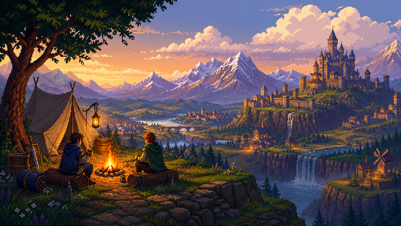 Original pixel art of a fantasy camp beside a vast medieval landscape