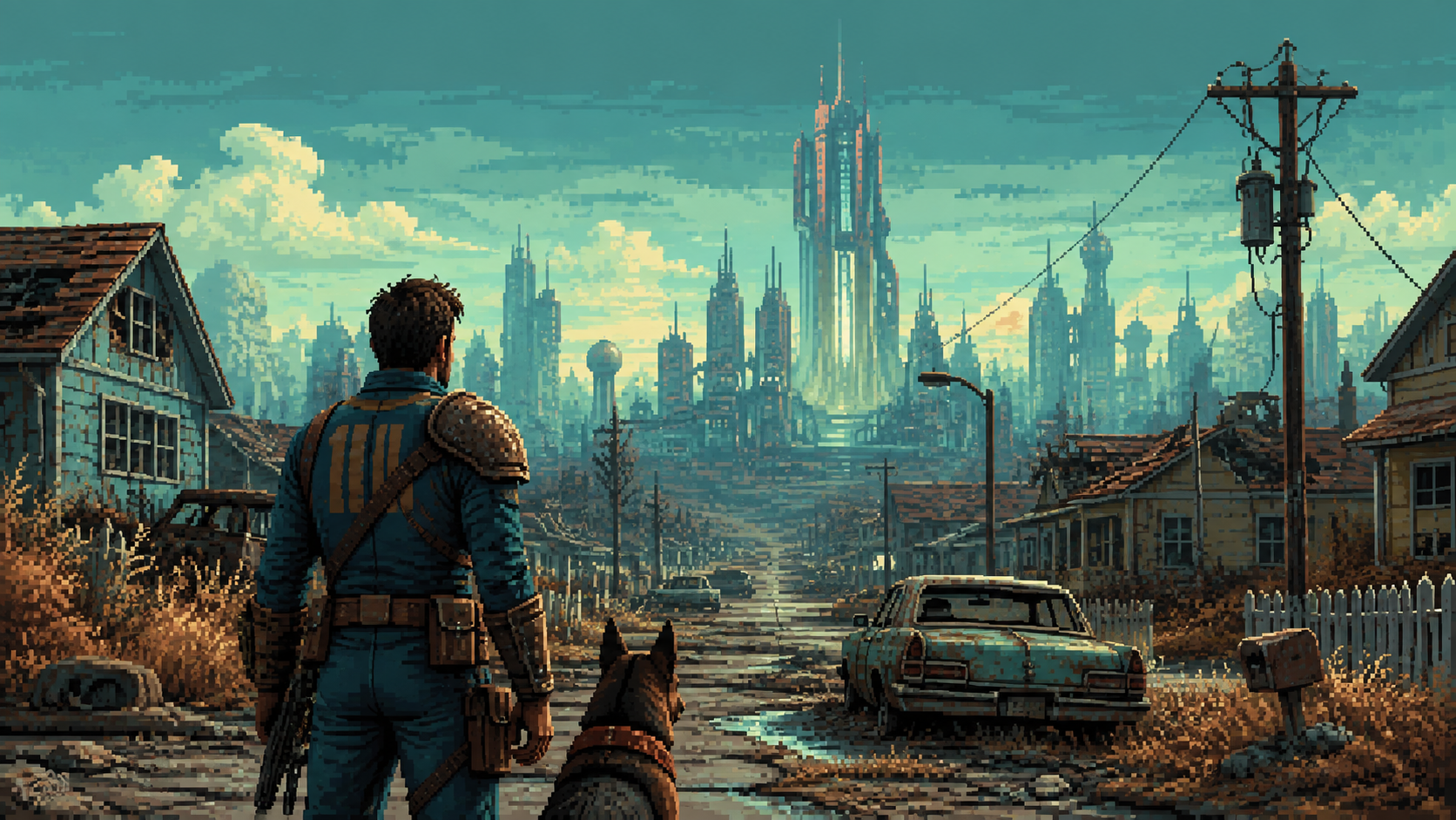 Original pixel art of a survivor in a retro-futuristic ruined suburb