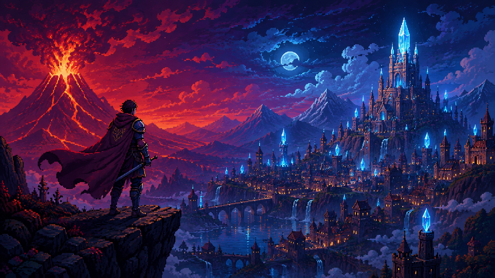Original pixel art of a warrior above a crystal-lit fantasy city