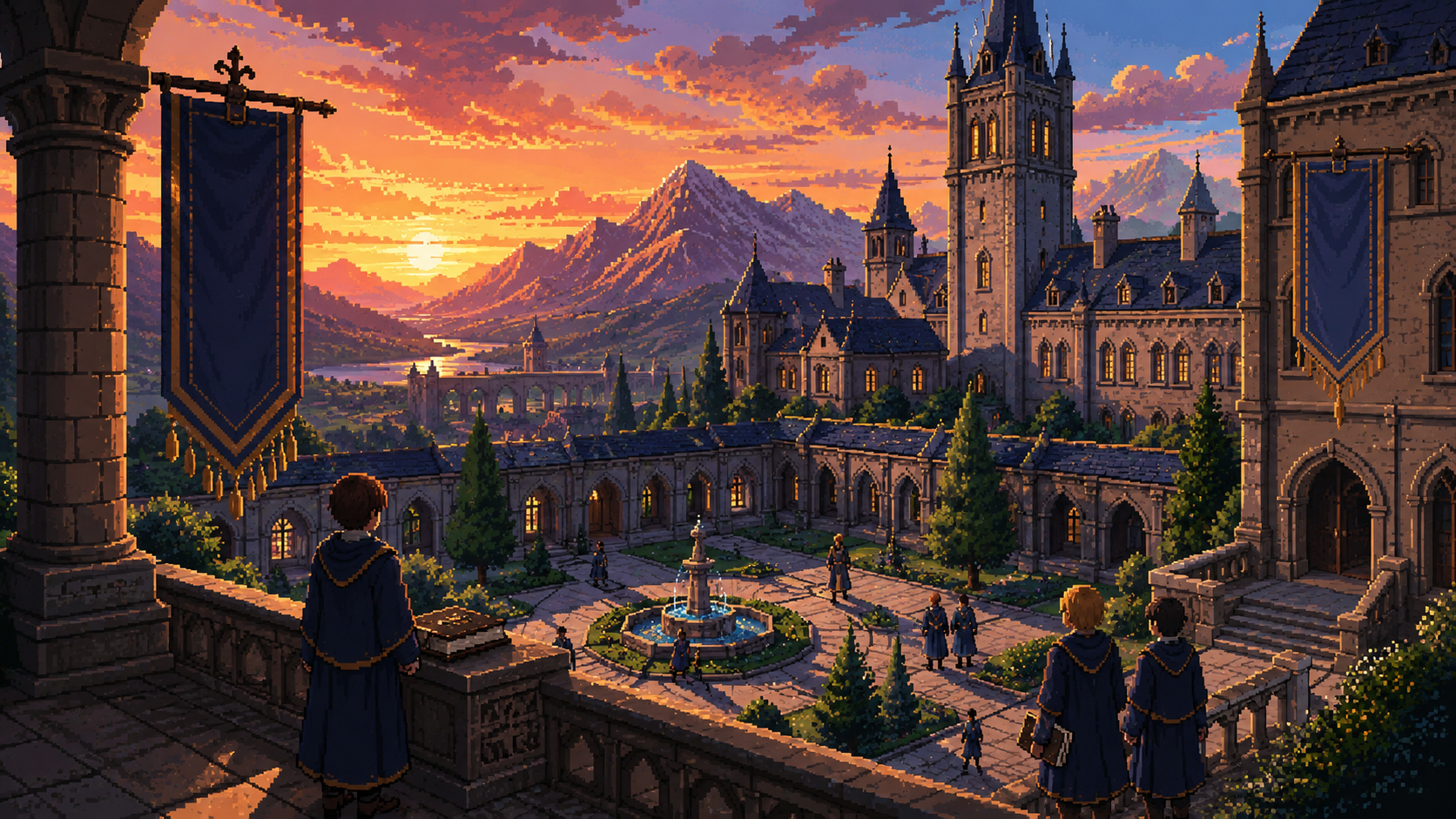 Original pixel art of a medieval academy courtyard at sunset