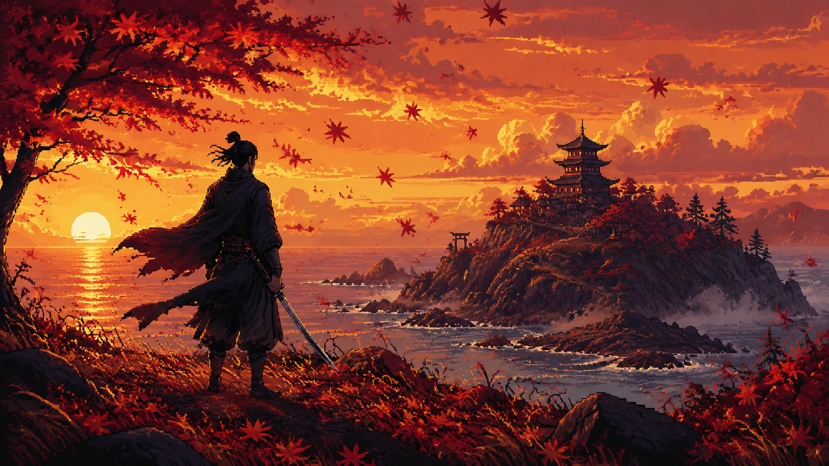 Original pixel art of a samurai silhouette in a windswept maple field