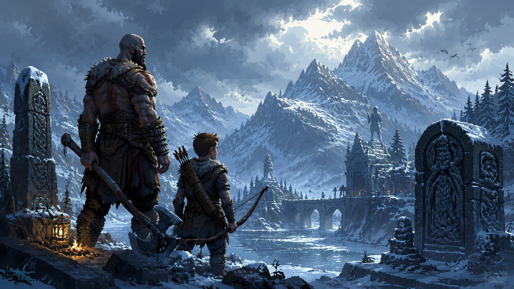 Original pixel art of a warrior and child in a snowy Nordic wilderness