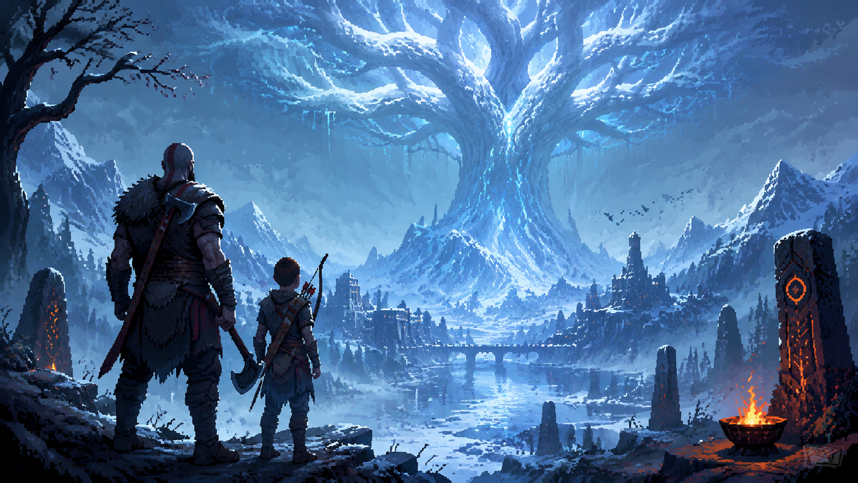Original pixel art of two warriors facing an icy mythic realm