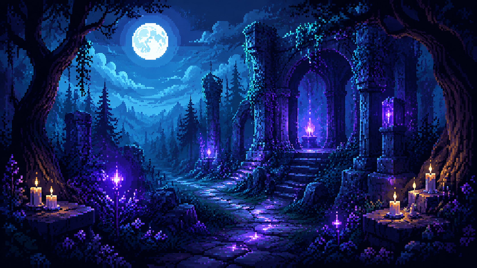 Original pixel art of a moonlit magical forest path