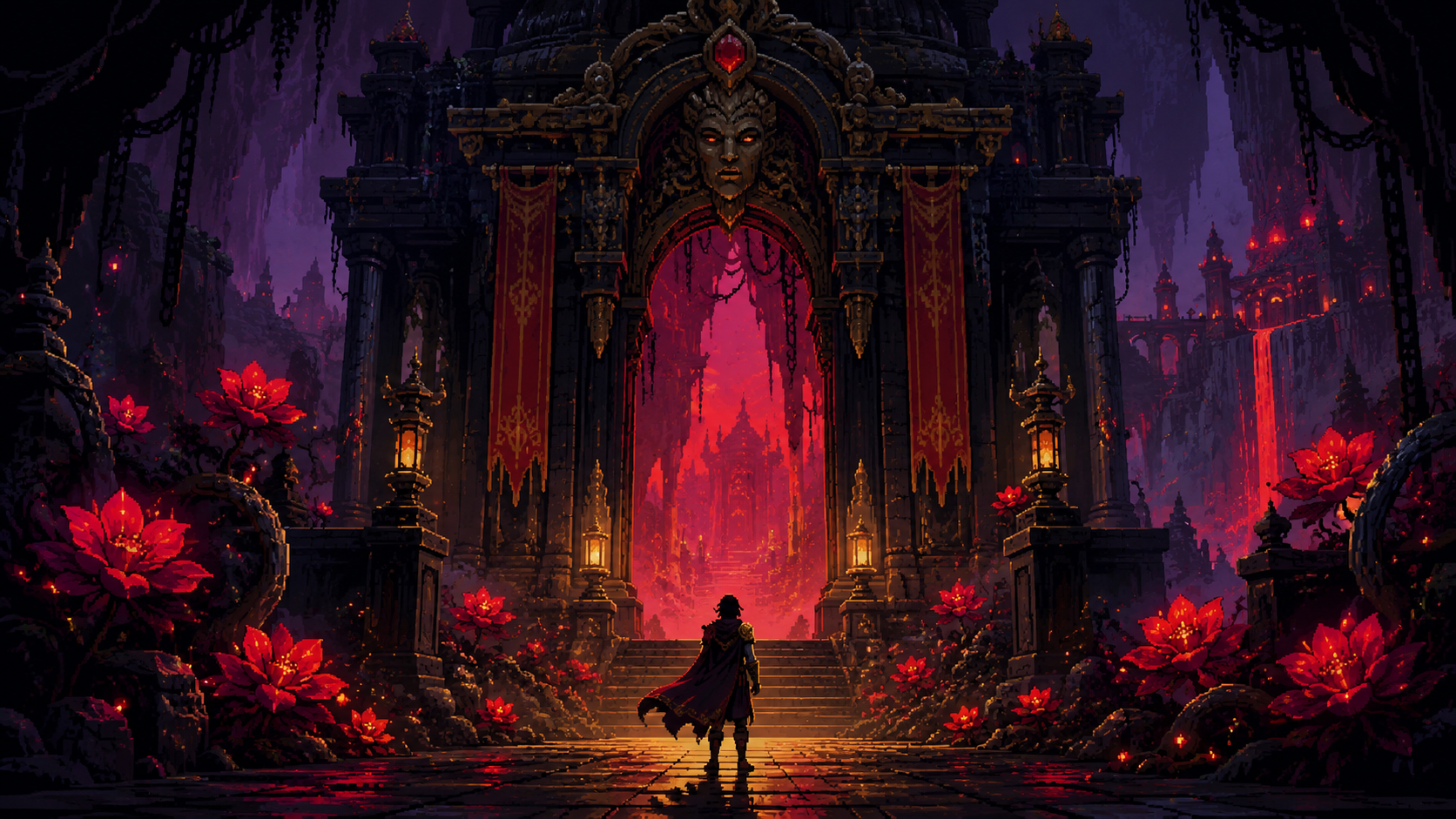 Original pixel art of an ornate glowing underworld palace