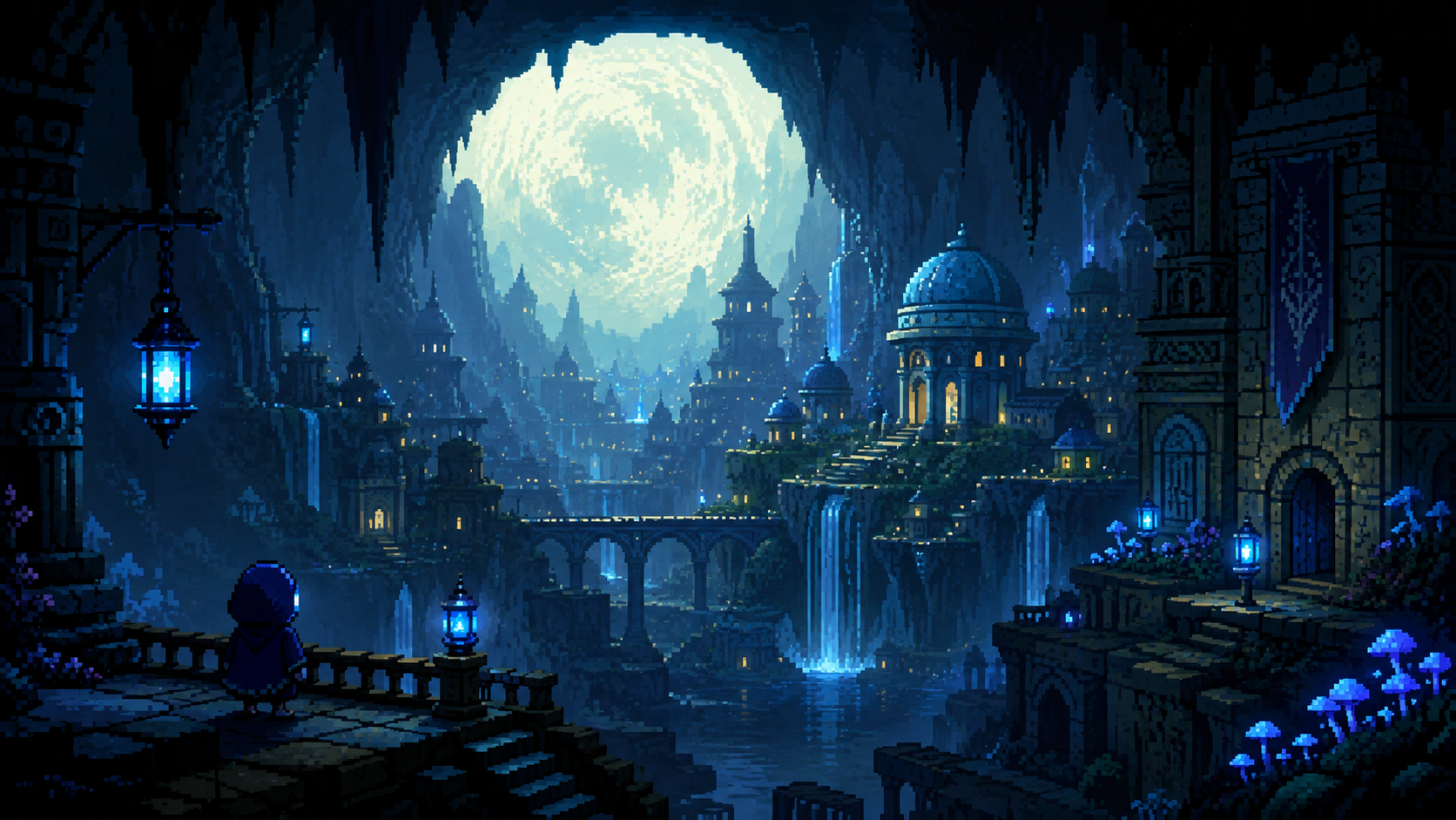 Original pixel art of a mysterious underground kingdom