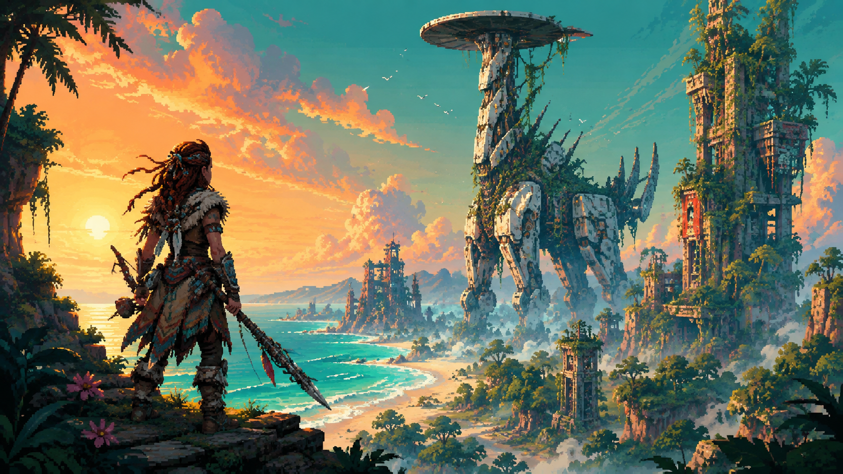 Original pixel art of a hunter facing a colossal machine on a coastal cliff