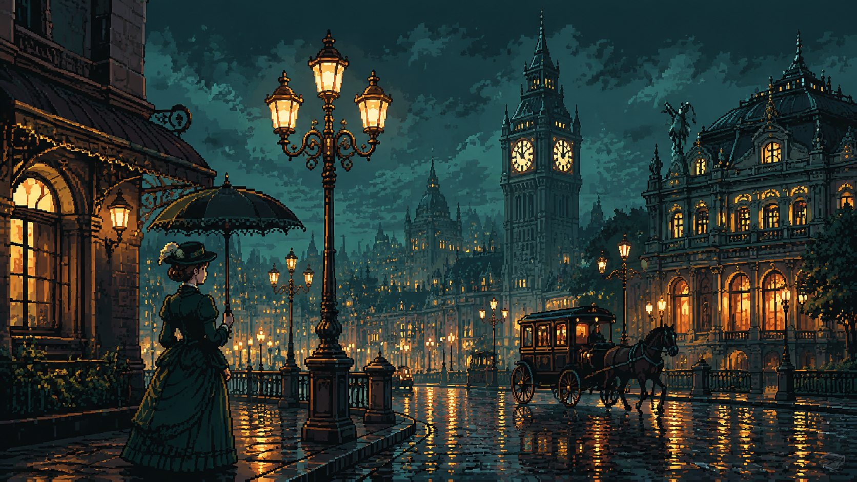 Original pixel art of an ornate rain-soaked city street