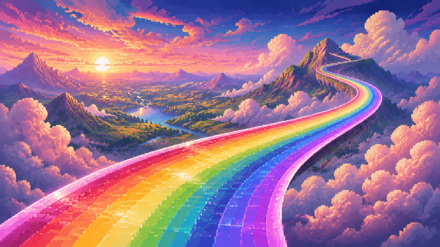 Original pixel art of a rainbow road above a colourful valley