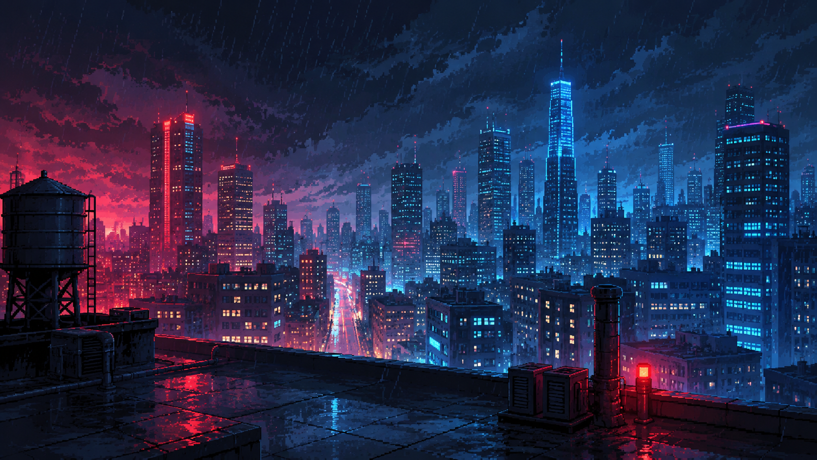 Original pixel art of a rain-soaked neon city skyline