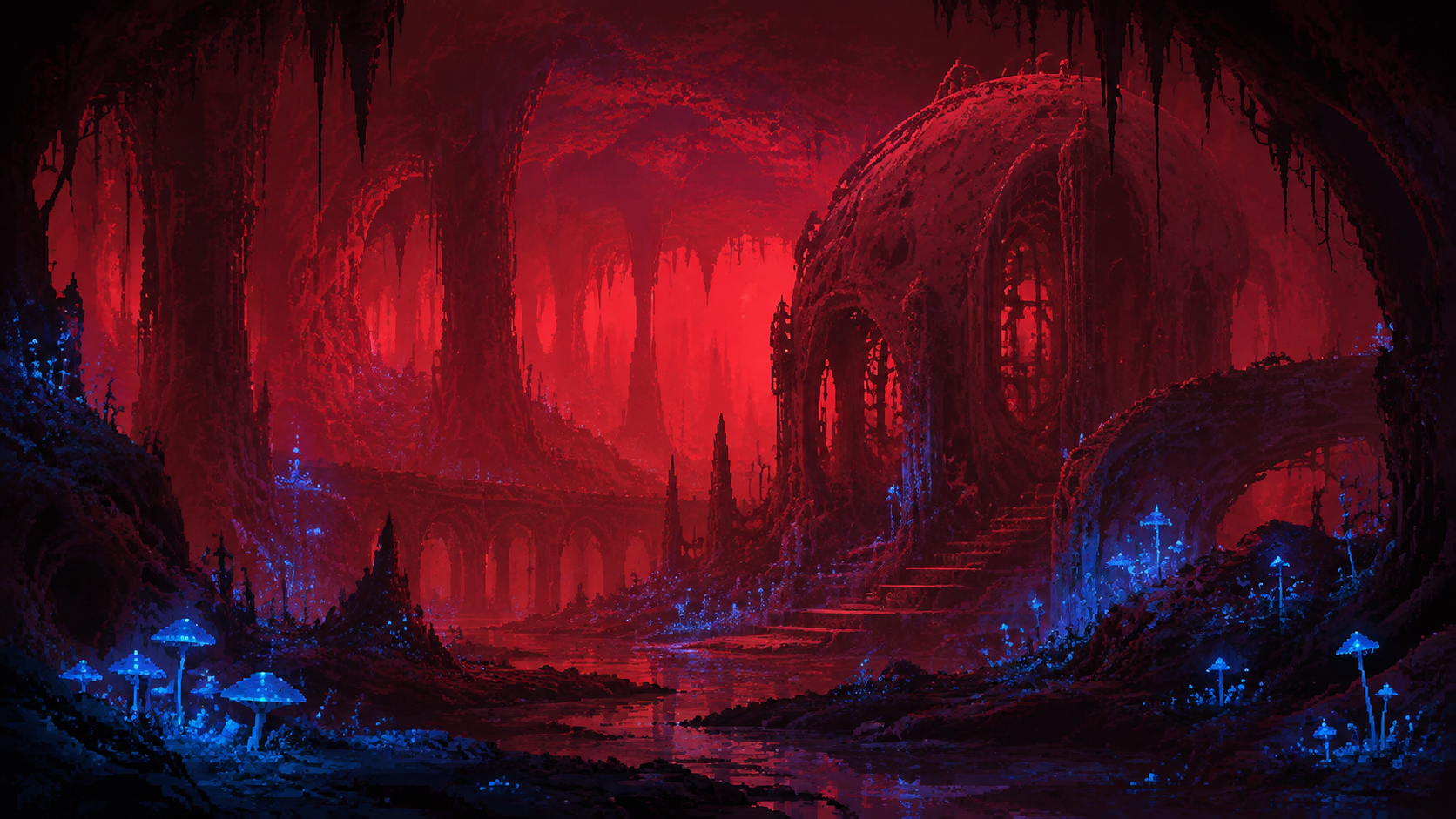 Original pixel art of a mysterious bioluminescent alien cavern