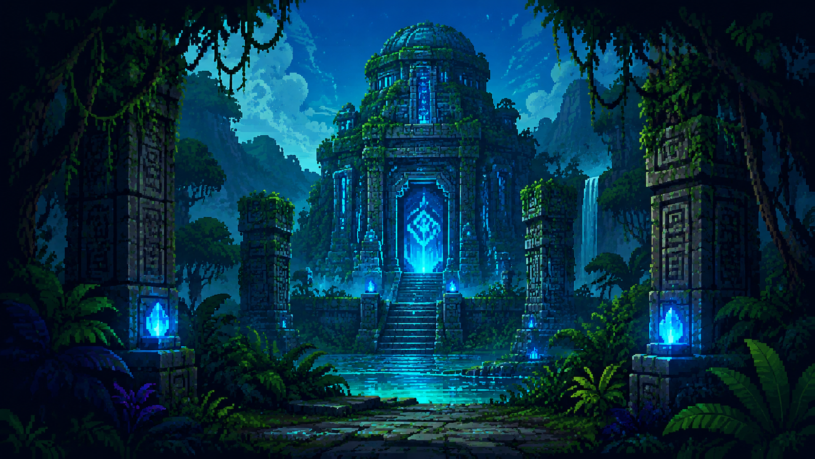Original pixel art of mysterious jungle temple ruins