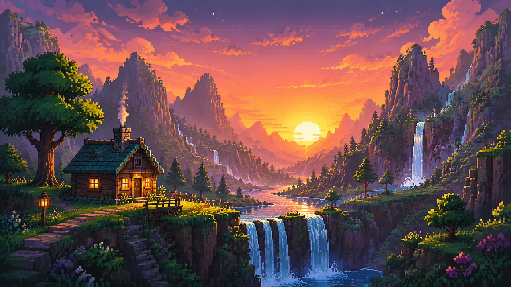 Original pixel art of a block-built mountain valley at sunset