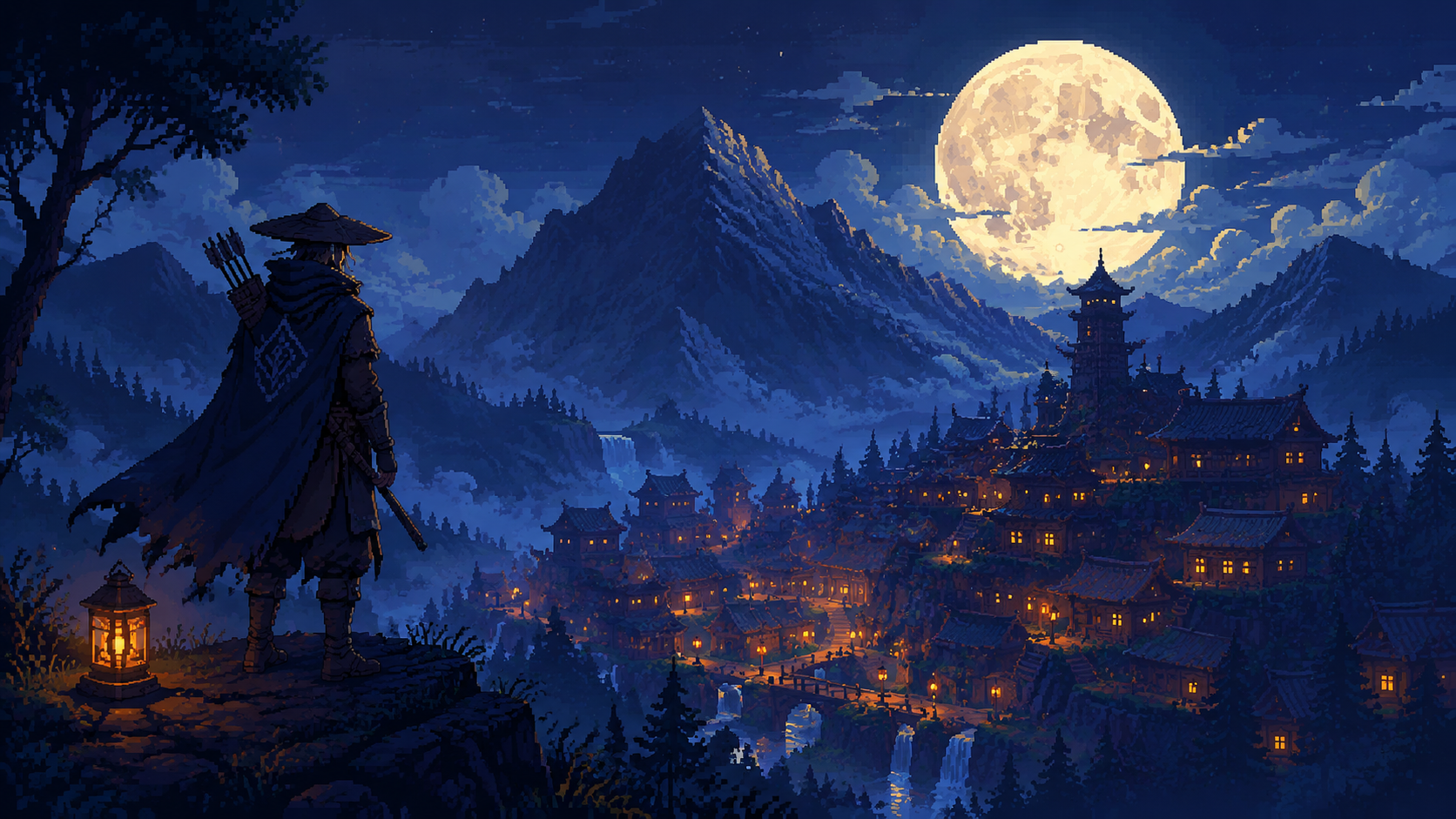 Original pixel art of a hunter above a lantern-lit mountain village