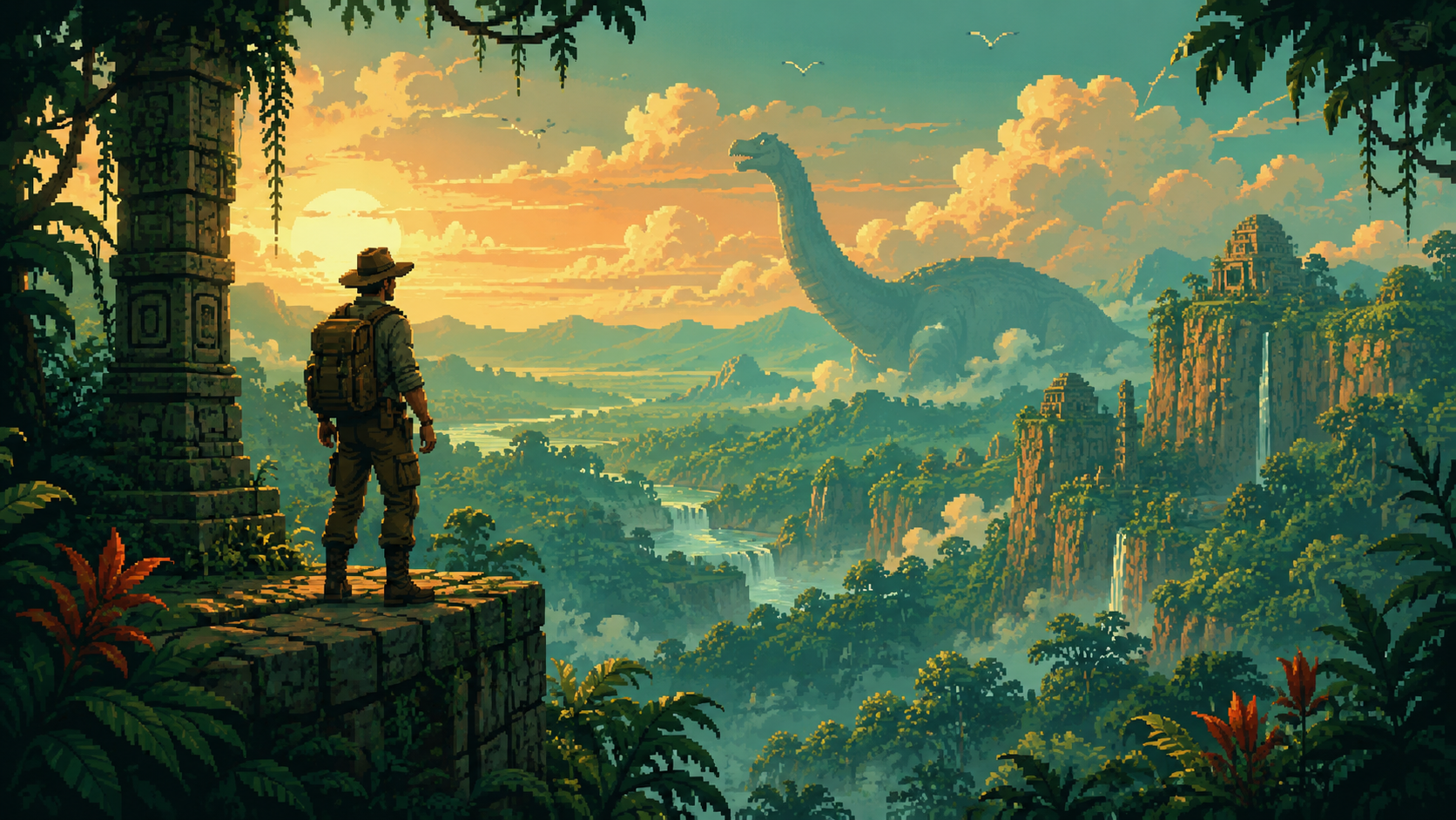 Original pixel art of an explorer overlooking a lush jungle valley
