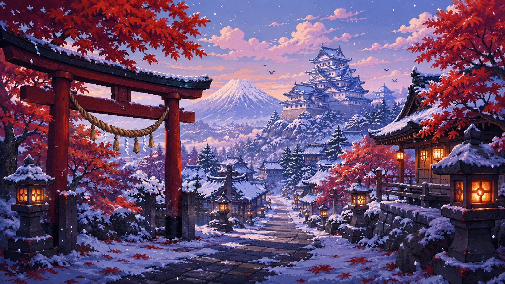 Original pixel art of a snowy Japanese shrine path