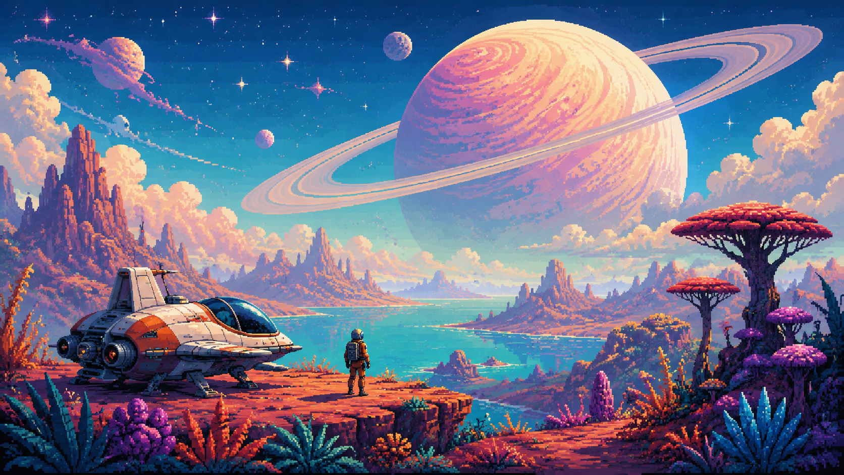 Original pixel art of a colourful alien planet