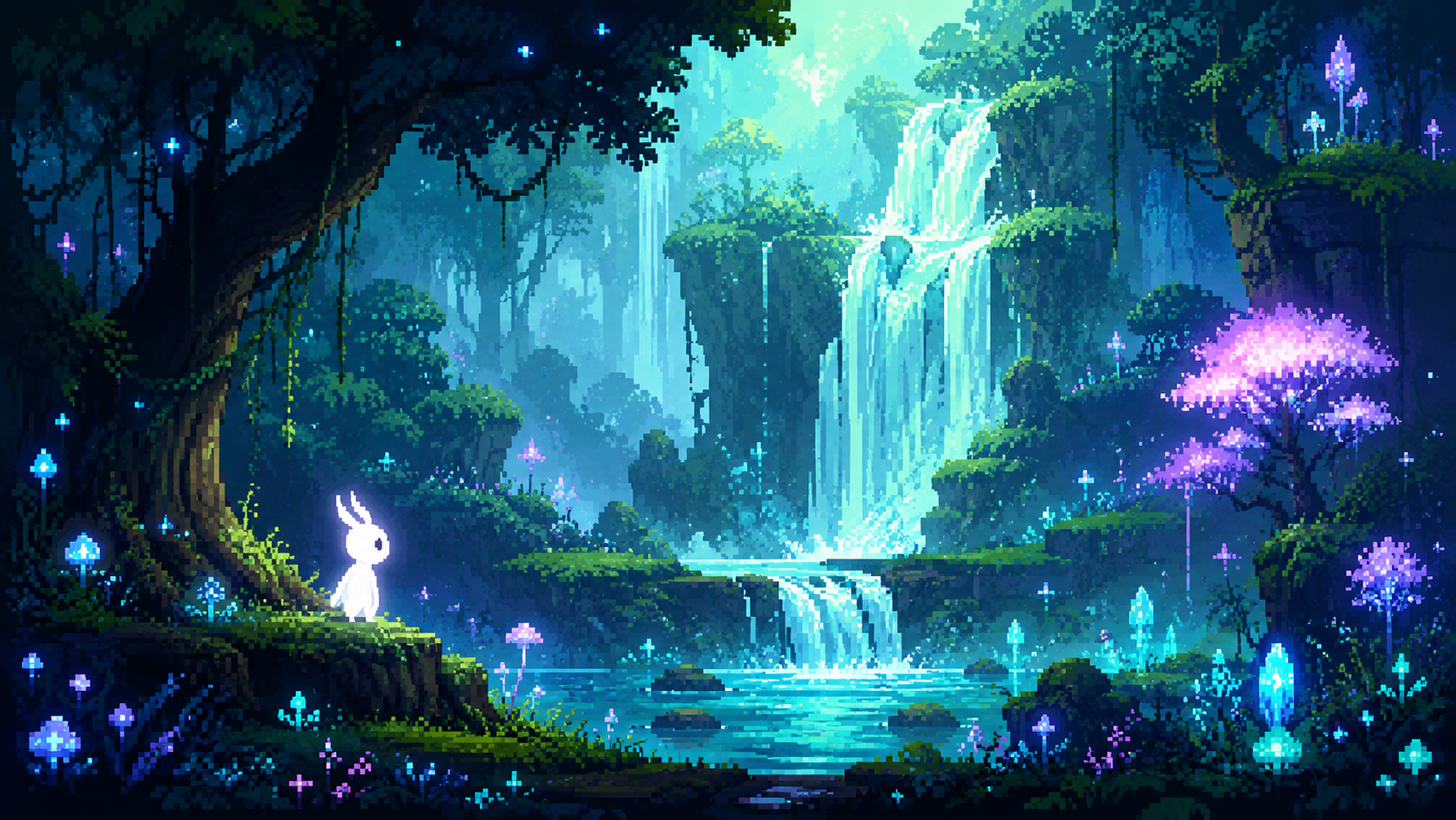 Original pixel art of a luminous enchanted forest