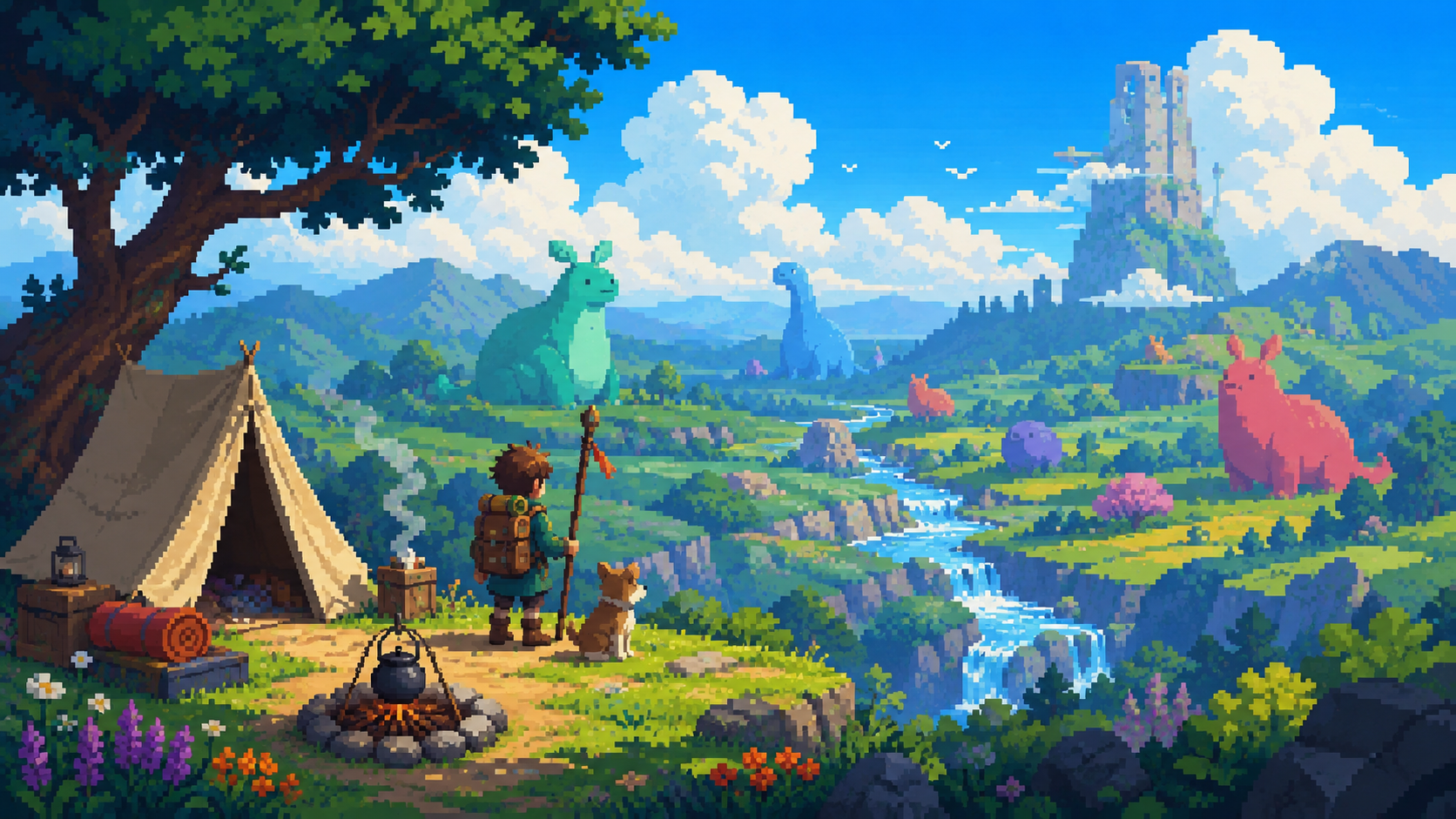 Original pixel art of an open countryside explorer camp