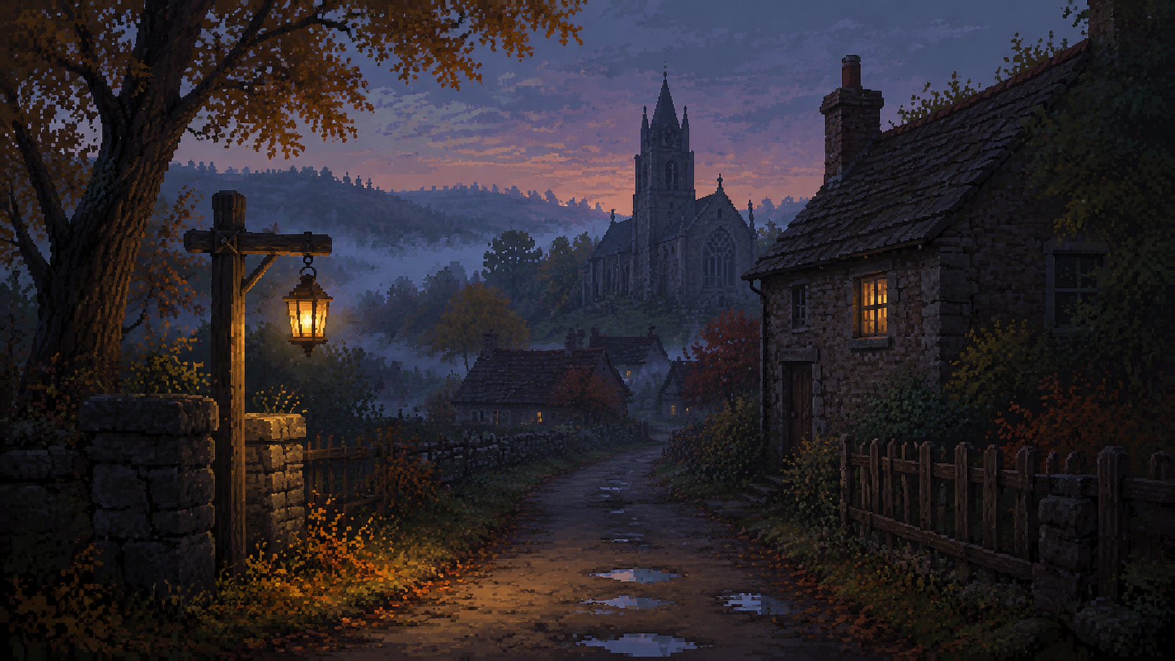 Original pixel art of a misty rural village lane and old church