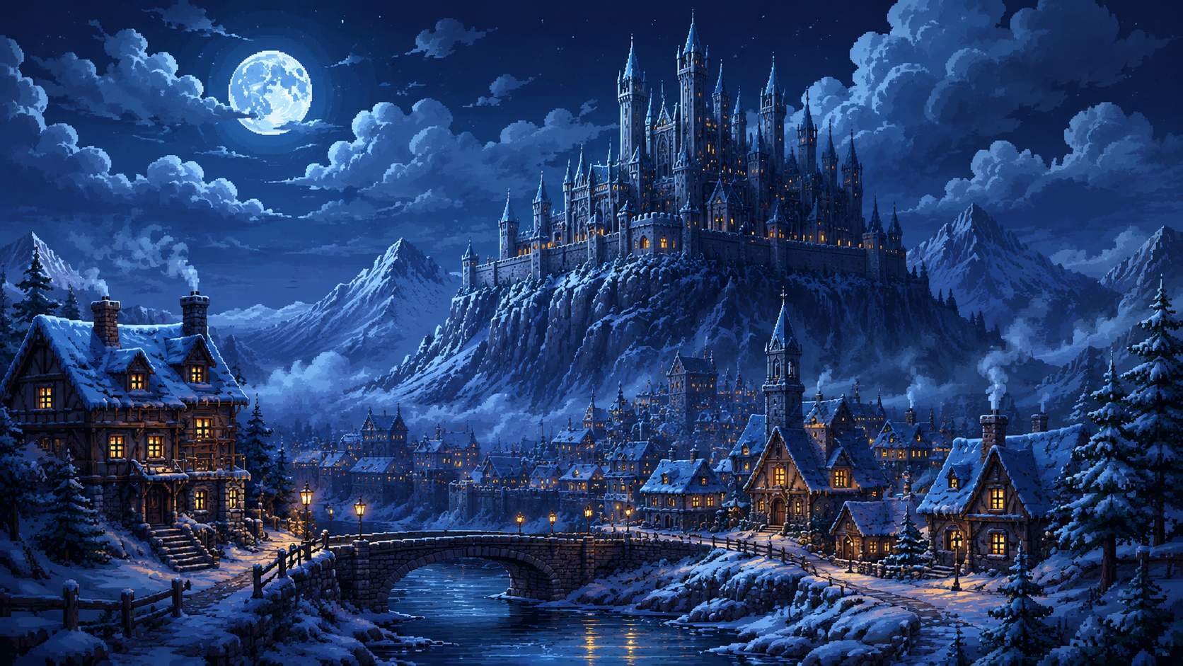 Original pixel art of a snowbound mountain village beneath a gothic castle