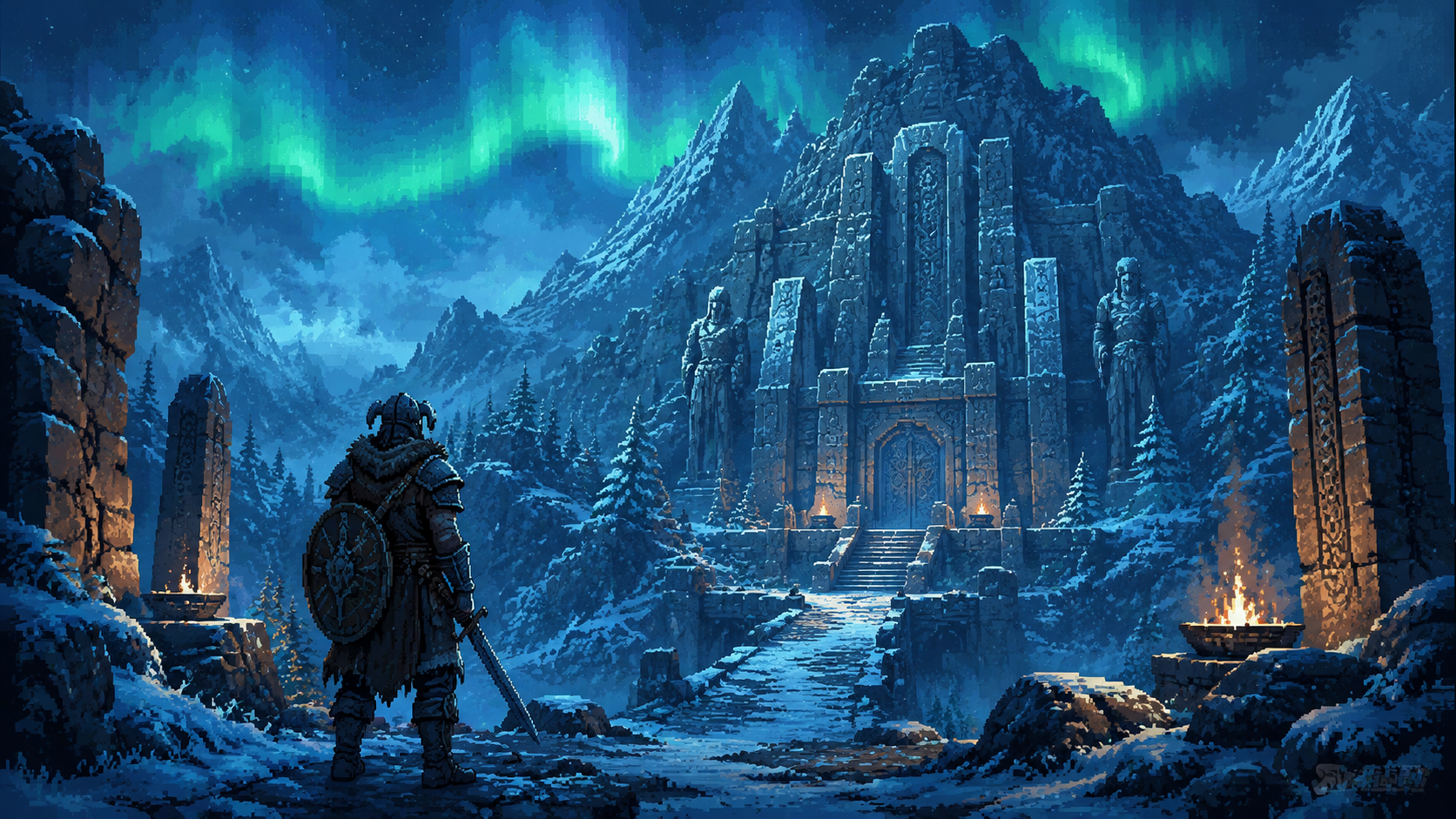 Original pixel art of a traveler facing an ancient Nordic mountain ruin