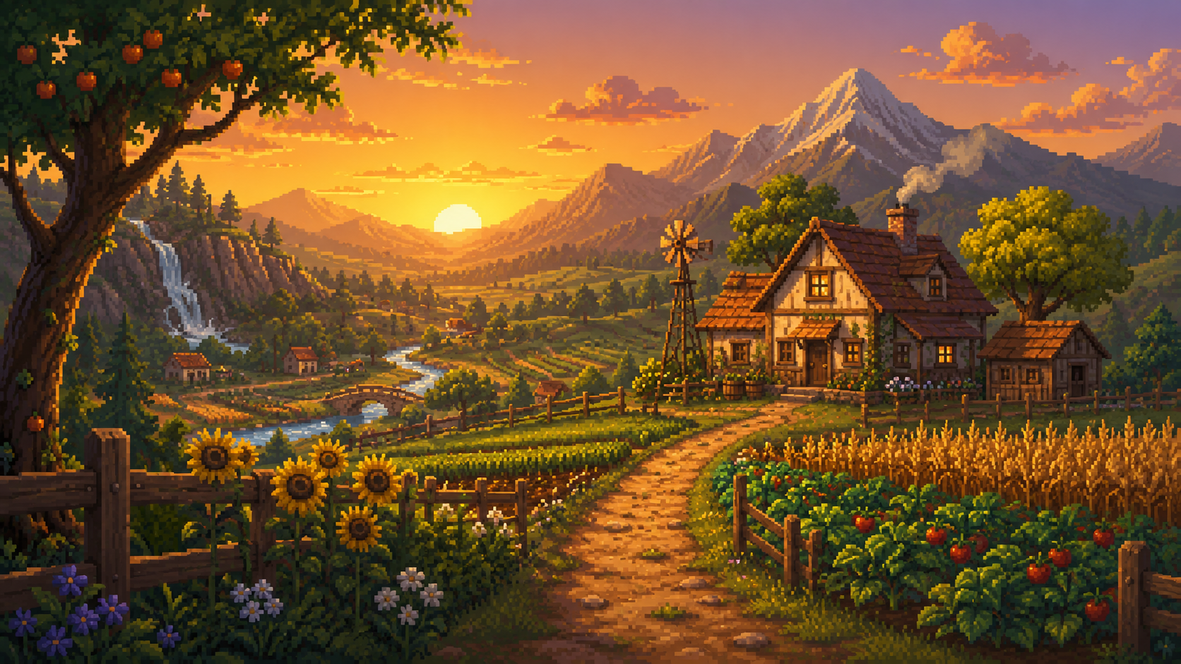 Original pixel art of a warm rural farm valley at golden hour