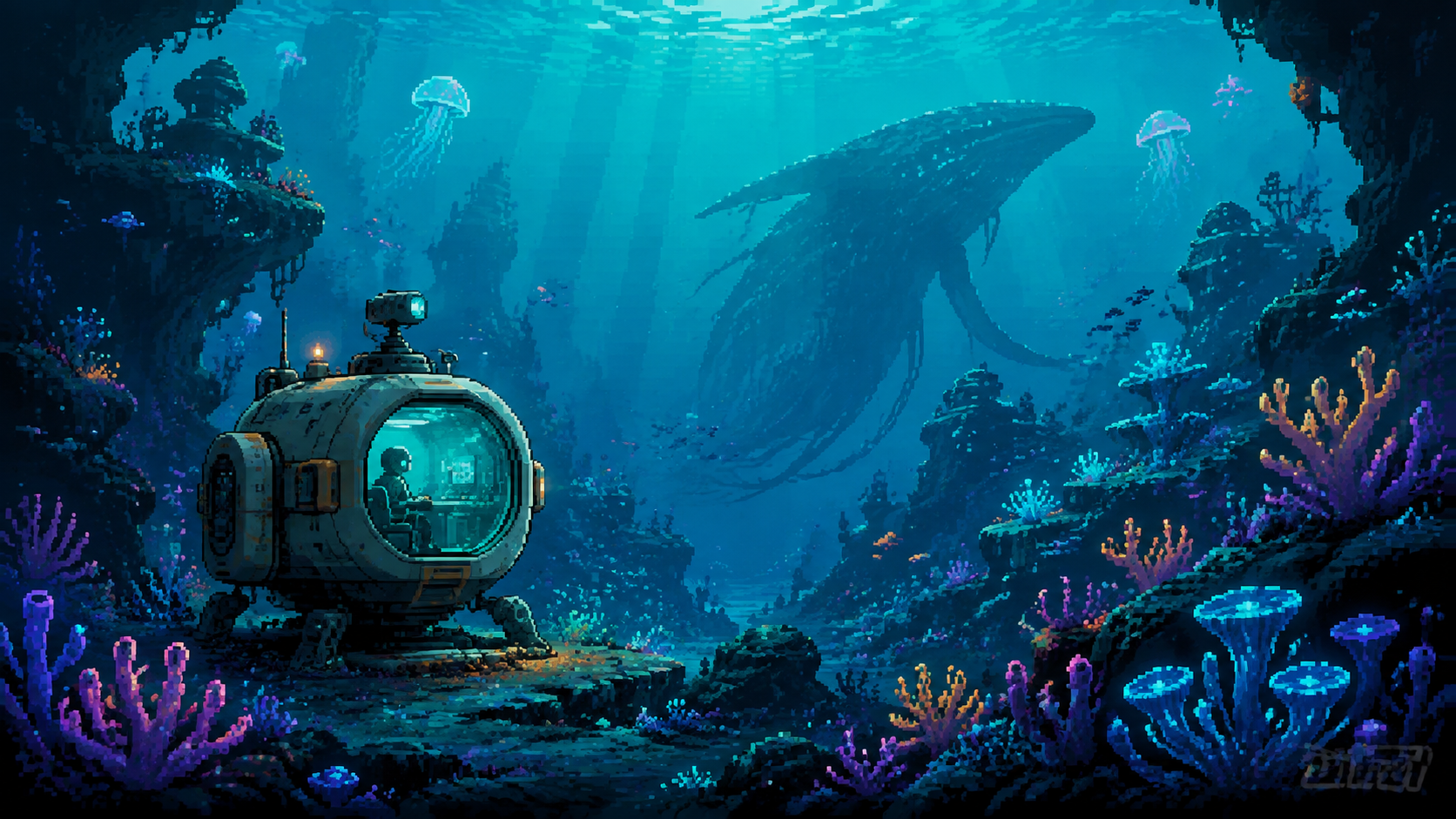 Original pixel art of a glowing alien ocean