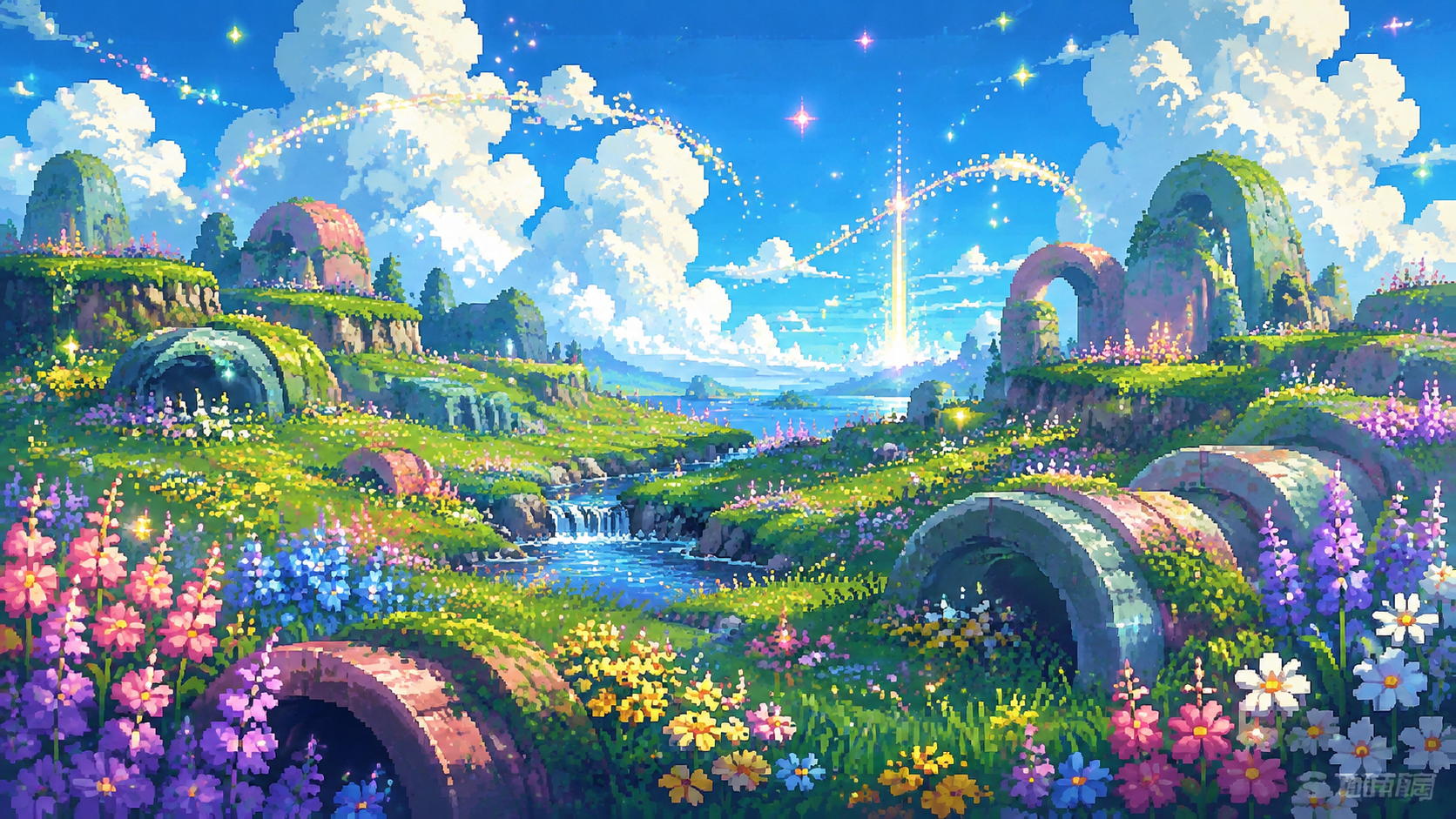 Original pixel art of a bright flower-filled fantasy meadow