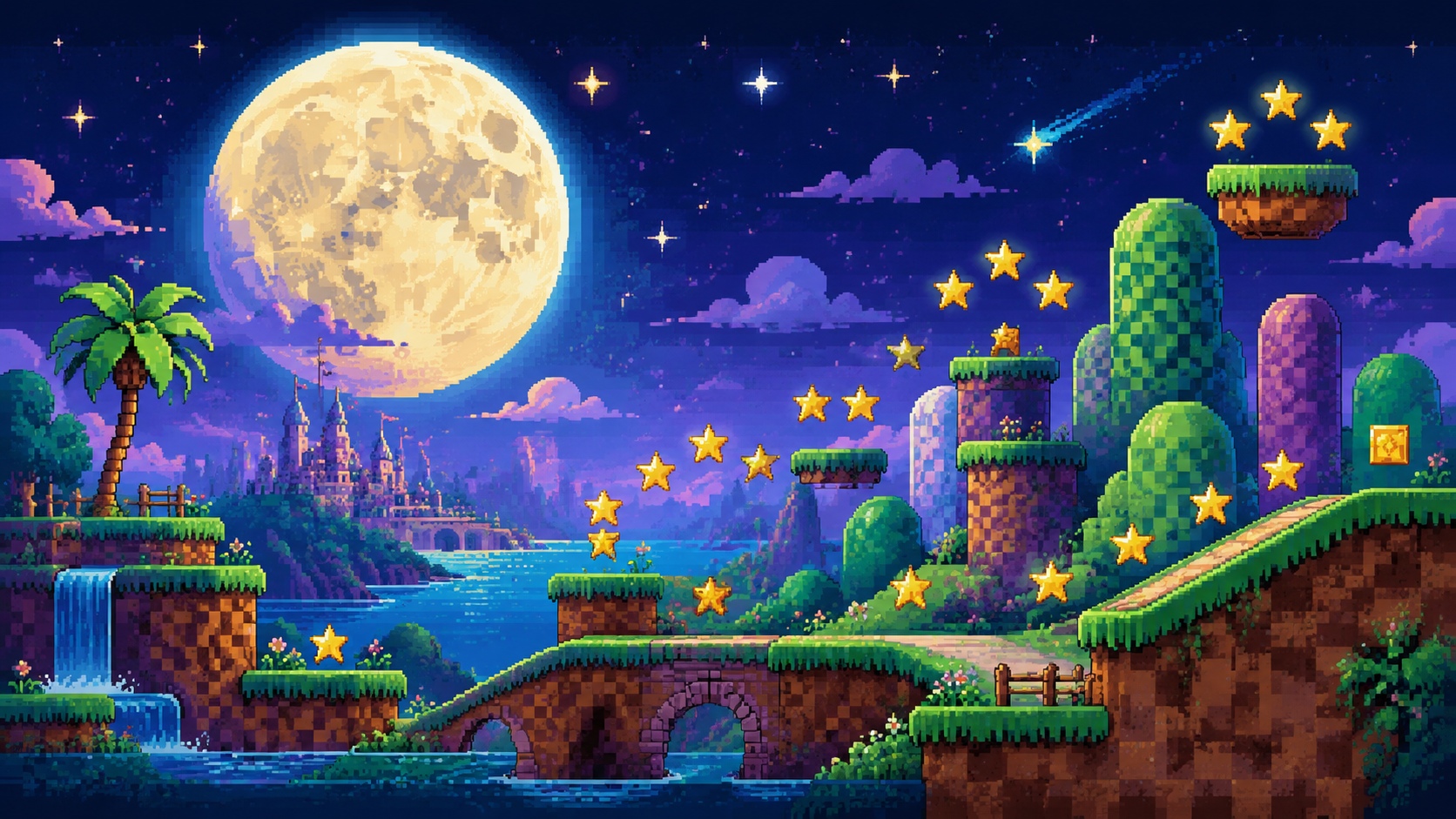 Original pixel art of a colourful moonlit platforming kingdom