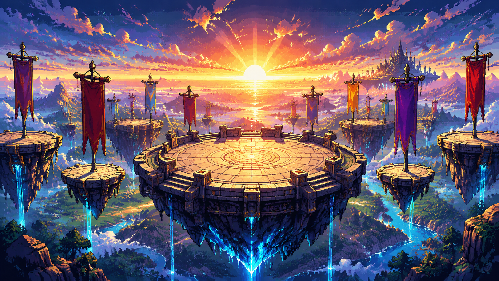 Original pixel art of a floating tournament arena above a luminous world