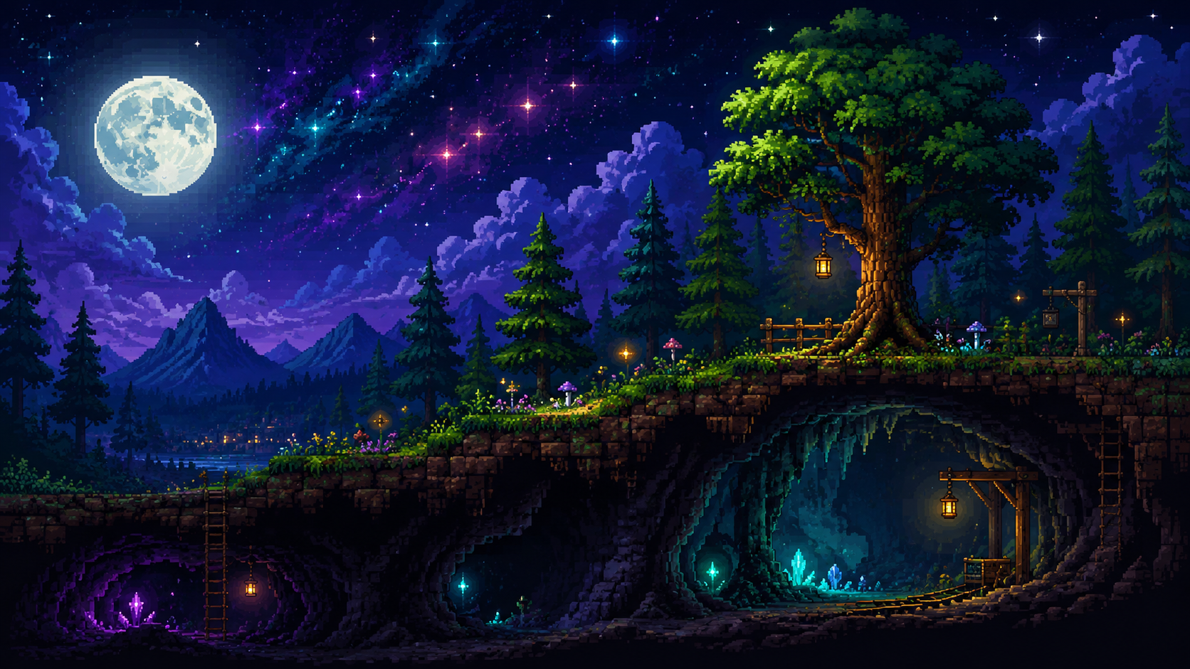 Original pixel art of a colourful side-view fantasy world