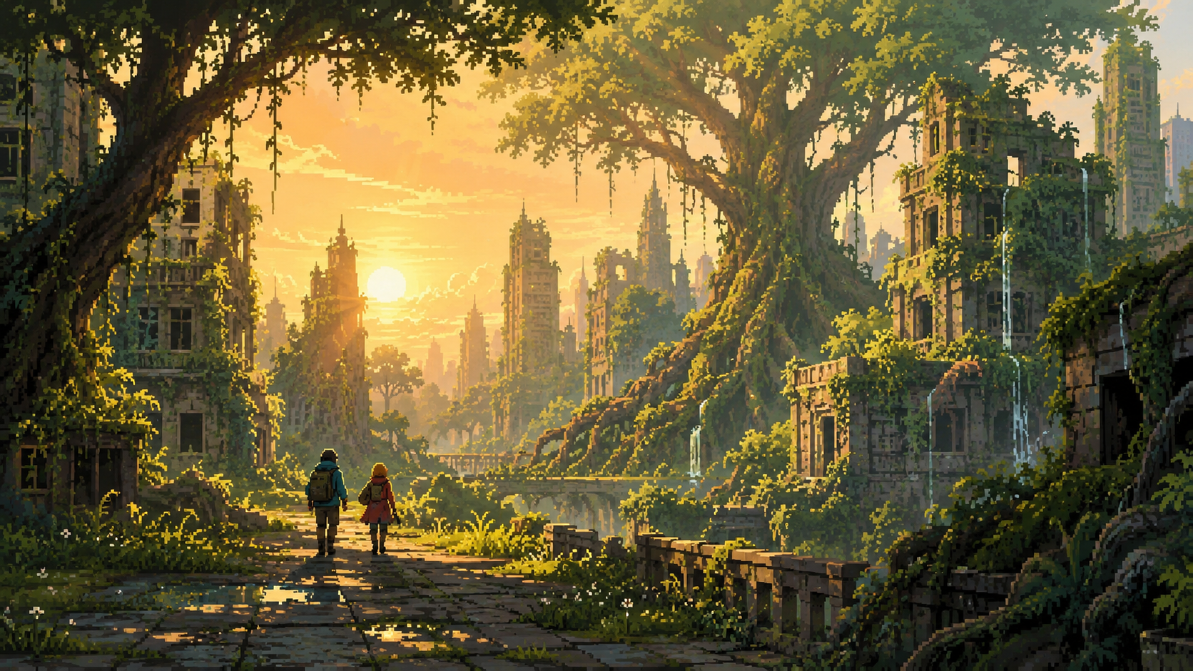 Original pixel art of an overgrown abandoned city at sunrise