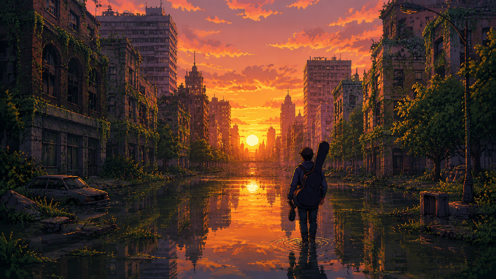 Original pixel art of a flooded overgrown downtown at sunset