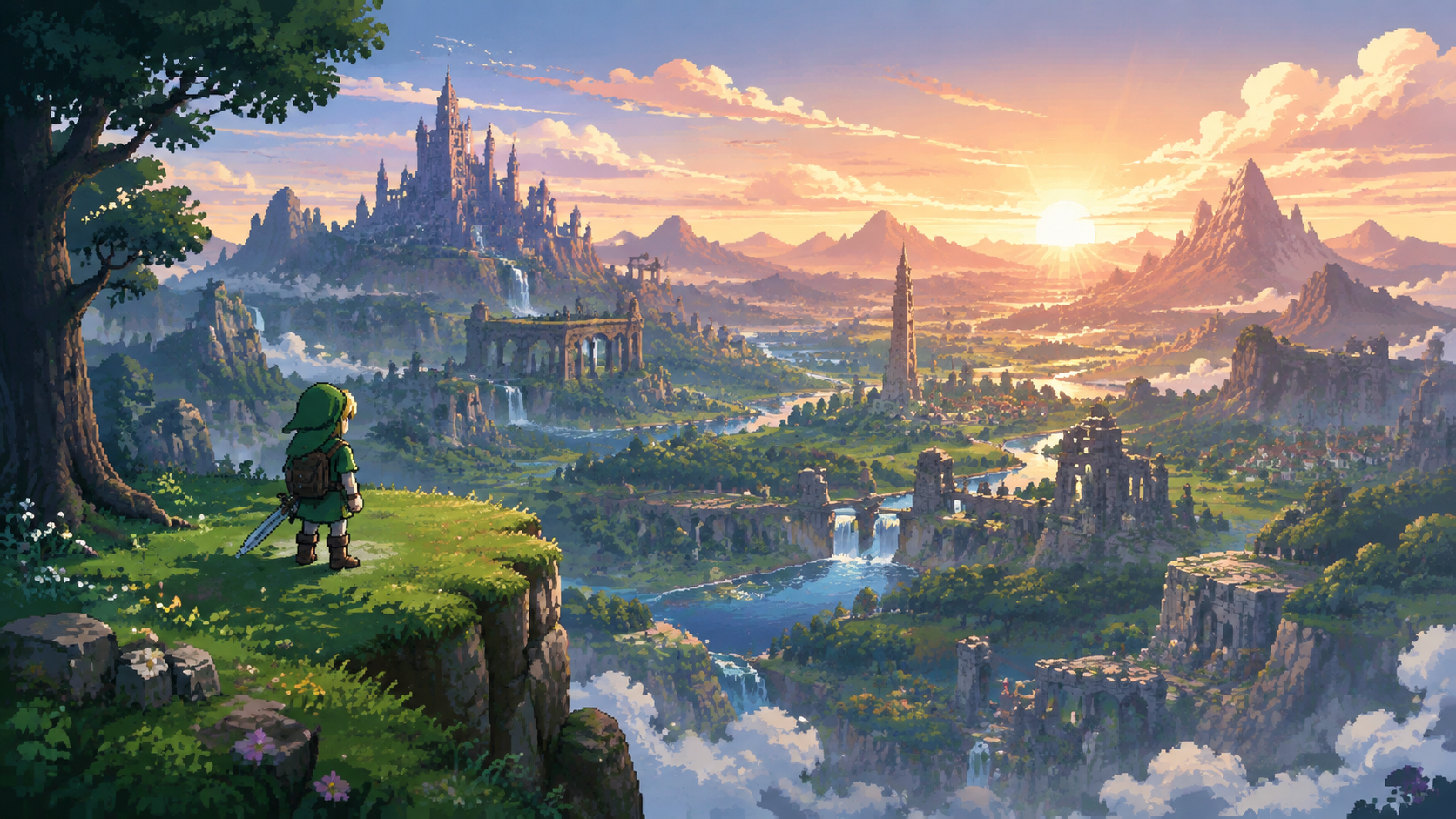 Original pixel art of an adventurer overlooking a wild kingdom