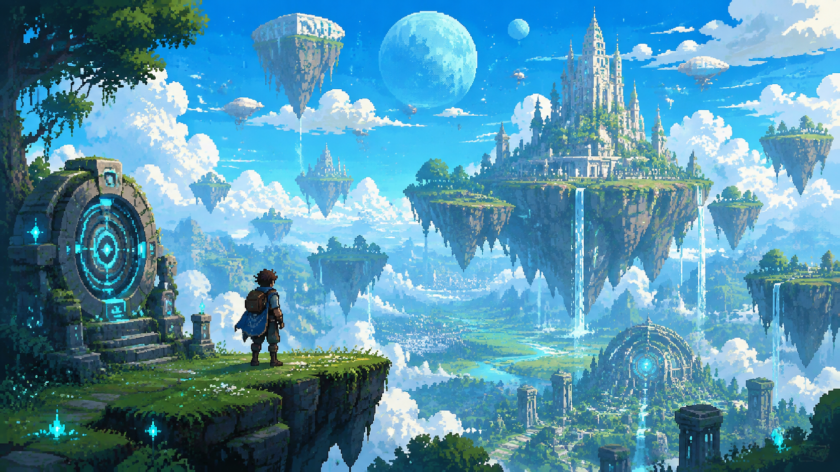Original pixel art of floating sky islands above a luminous fantasy landscape