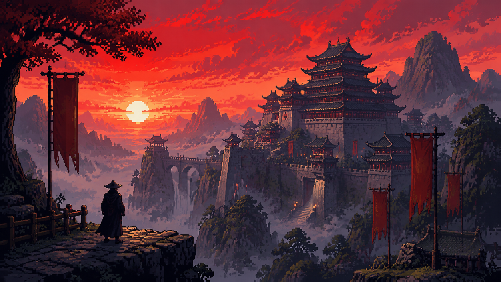 Original pixel art of a misty ancient mountain fortress