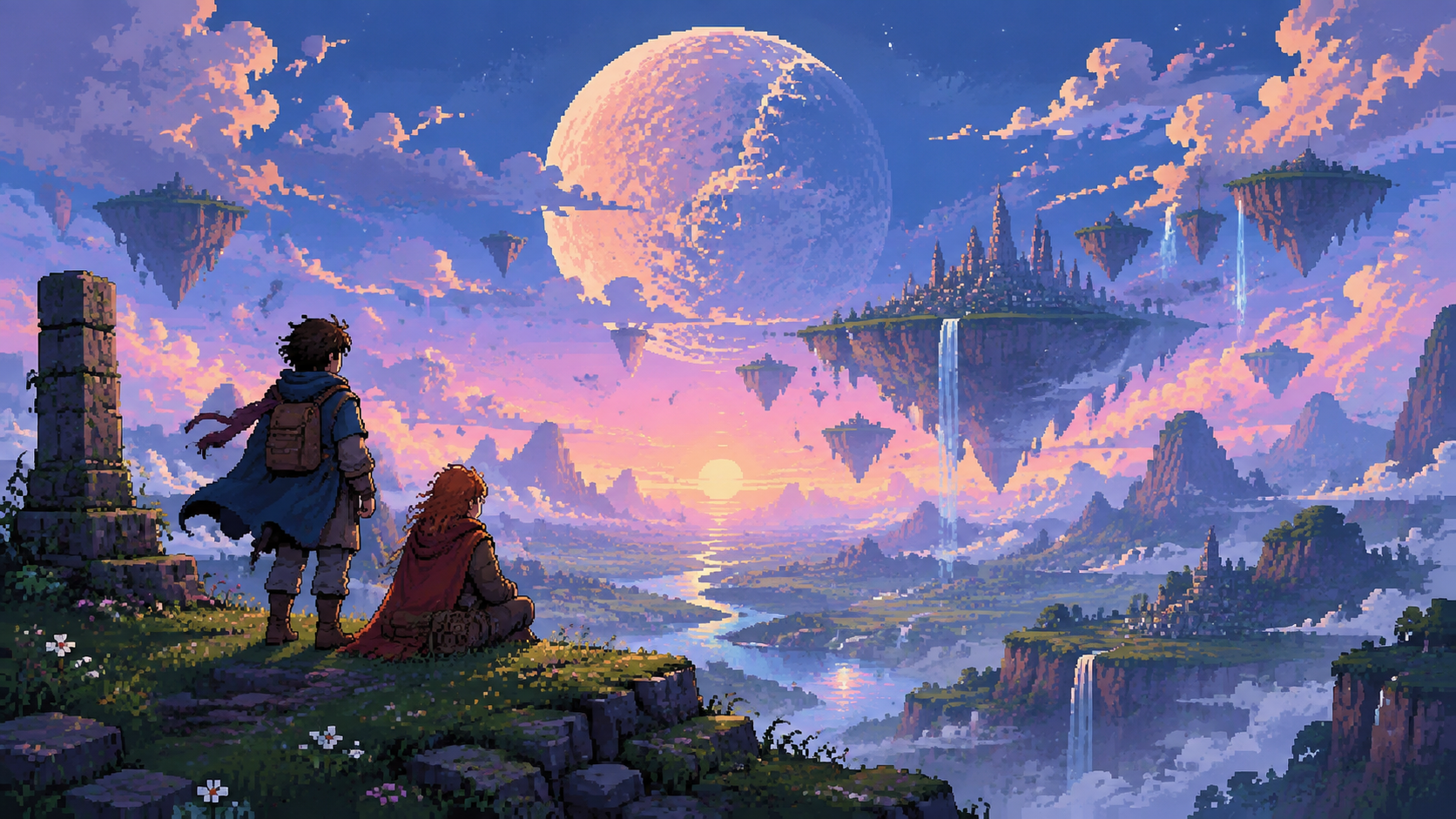 Original pixel art of travelers overlooking a luminous valley